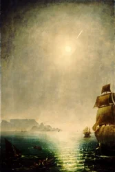 Maanlicht uitzicht over Tafelbaai met de Grote Komeet van 1843