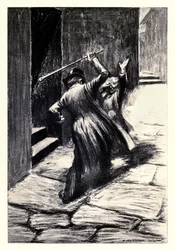 "Sloeg hem tegen de grond" uit "Het Vreemde Geval van Dr. Jekyll en Mr. Hyde" door Robert Louis Stevenson