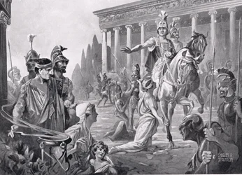 Alexander bij de inname van Thebe in 335 voor Christus, illustratie uit 