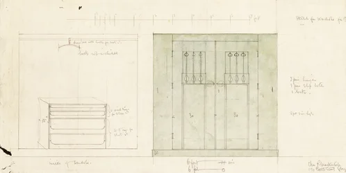 Ontwerp voor een kledingkast, getoond in elevatie van de voorkant en interieur