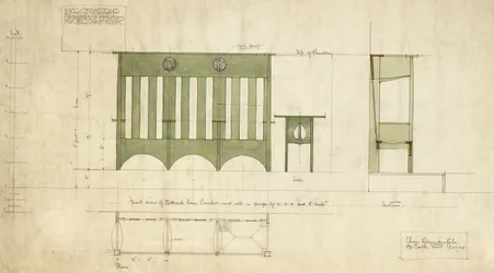 Ontwerp voor banken en een tafel, getoond in elevatie en doorsnede