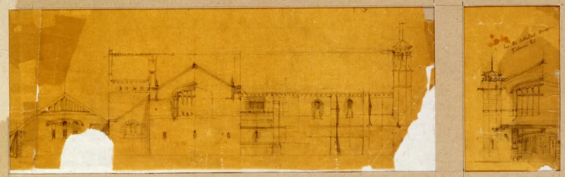 Ontwerp voor de gevel van een kerk getoond in elevatie, en een bijkomend ontwerp voor de ingang van de kerk, getoond in elevatie, ca. 1895-99