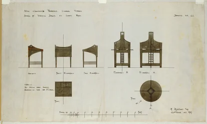 Ontwerpen voor schrijftafels getoond in voor- en zijaanzichten, voor de Ingram Street Tea Rooms, 1909