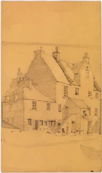 Potloodschets van oude gebouwen, waarschijnlijk in Glasgow