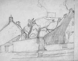 Schets van Engels dorp met rieten dak op de voorgrond, ca. 1920