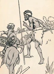Aboriginal mannen naderen een boerderij van kolonisten, 1912