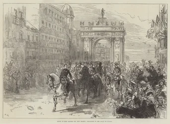 Intocht van koning Alfonso XII in Madrid, processie in de Calle de Alcala