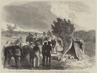 Het vinden van de overblijfselen van de verloren ontdekkingsreizigers, Harding, Panter en Goldwyer, nabij Lagrange Bay, Noordwest-Australië