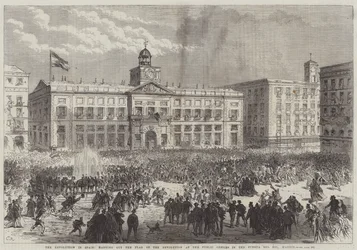 De revolutie in Spanje, het uithangen van de vlag van de revolutie bij de openbare kantoren in de Puerta del Sol, Madrid