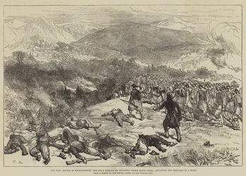 De Oorlog, Slag bij Kniejesevacz, de Eerste Brigade Infanterie, onder Hafiz Pasha, valt de Serviërs aan in een bos