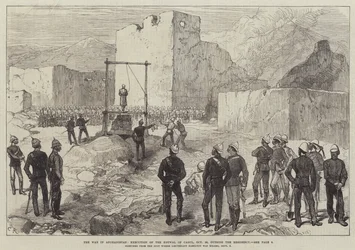 De oorlog in Afghanistan, executie van de Kotwal van Kabul, 26 oktober, buiten de residentie