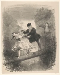 Balletscène met man en vrouw boven afgrond