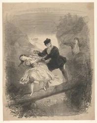 Balletscène met man en vrouw boven afgrond
