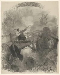 Scène uit ballet De zwarte duivel. Schouwburg (titel op het object). Aankondigingsbiljetten van balletten en toneelstukken opgevoerd in de Amsterdamse Stadsschouwburg (serietitel)