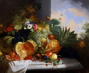 Stilleven van fruit (o.a. frambozen, druiven, passievrucht, meloenen, rode bessen, ananas, perziken). Schilderij van Charles Stuart (actief 1854-1904) Privécollectie.