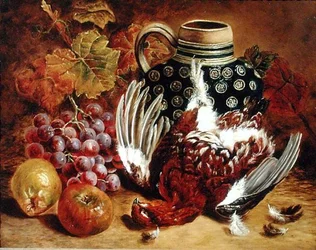 Stilleven van druiven, appels, dode korhoen en een blauwe kruik