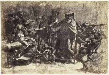 Tafereel met soldaten, een naakte vrouw en een engel