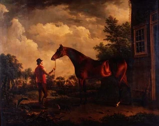 Een jager en stalknecht buiten een landhuis