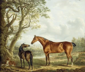 Jagers en een spaniël in een uitgestrekt landschap, 1827