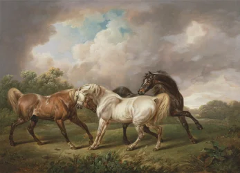 Drie Paarden in een Stormachtig Landschap