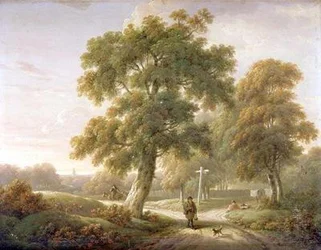 Reizigers bij een kruispunt in bebost landschap