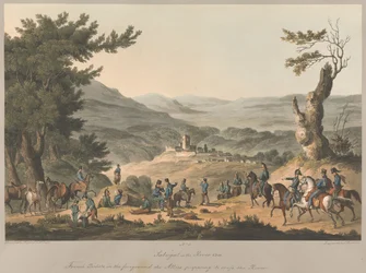 Nr. 5  Sabugal aan de rivier de Coa. Op de voorgrond Franse wachtposten; de geallieerden maken zich klaar om de rivier over te steken.