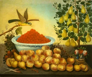 Stilleven: Fruit, Vogel en Dwergperenboom, 1856