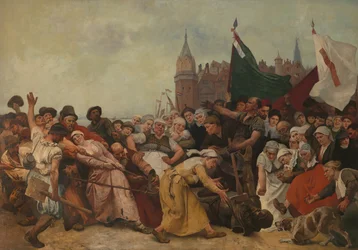 Het verbrijzelde standbeeld van de hertog van Alva wordt door de straten gesleept