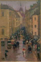 Dienerstraat in München, op de achtergrond de toren van St. Peter