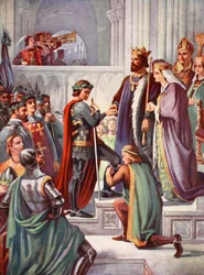 De investituur van Eduard, de Zwarte Prins, als ridder in de Orde van de Kousenband
