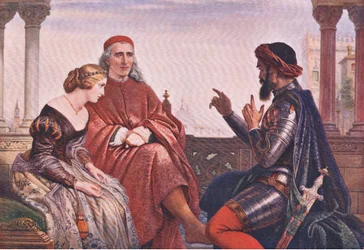 Het hof maken van Desdemona (Othello) "Waarin ik sprak over de meest rampzalige kansen, van bewegende ongelukken door vloed en veld", uit De volledige werken van William Shakespeare uitgegeven door J Coker & Co Ltd (kleur litho)