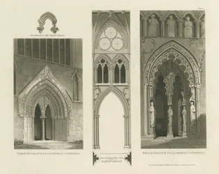 Lichfield Kathedraal - Westingang, Noordingang en Schip (aquatint gravure)