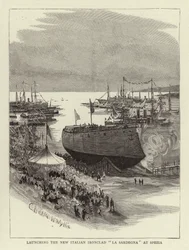 Het te water laten van de nieuwe Italiaanse IJzerenclad La Sardegna in Spezia