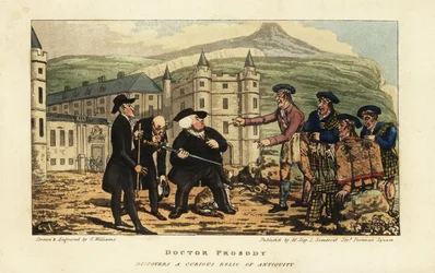Een Schotse metselaar informeert Engelse toeristen dat hun roestige oude falchion zwaard een modern blad is van Andrea Ferrara voor het Holyrood Paleis, Edinburgh