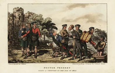 Engelse toerist in een tartan kilt ontmoet een clanhoofd buiten een middeleeuws kasteel op het eiland Mull, Binnen-Hebriden, Schotland
