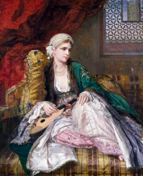 Oriëntalisme: „Oosterse schoonheid”. Europese vrouw met een tulband en sluiers (op zijn Turks?) liggend met een muziekinstrument. Prerafaëlitisch, 1865