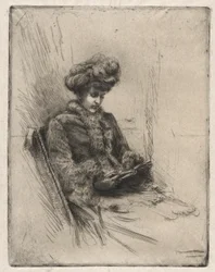 Zittende jonge vrouw, lezend
