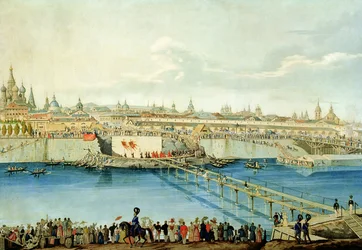 Aanleg van de Moskvoretsky-brug in Moskou, 1830