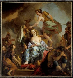 Het offer van Iphigenia: koning Agamemnon offert zijn dochter om de woede van Artemis te sussen. Schilderij van Charles de Lafosse (1636-1716), 17e eeuw. H. 2,24x2,12 m