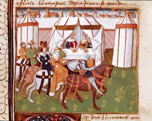 Aankomst van ridders op het feest gegeven door Koning Arthur en Koningin Guenievre in Camelot. Miniatuur uit 