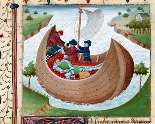 Begrafenis op zee, miniatuur uit Romanesque du Chevalier Tristan door Meester Charles van Maine 1440-1460. Chantilly, musee Conde