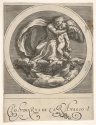 Jupiter, zittend boven twee adelaars en omhelst Cupido, een ronde compositie uit een serie, ca. 1590
