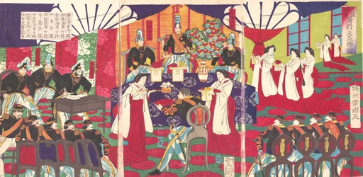 Illustratie van de bevelhebbers die West-Japan pacificeerden, ontvangen de keizer
