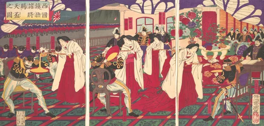 Illustratie van de Commandanten die West-Japan Pacificeerden, Ontvangst van de Keizerlijke G...