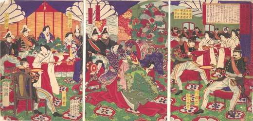 Leiders van de pacificatie van de Kagoshima-rebellen vieren met bekers..., 20 september 1877