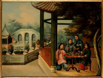 Een Chinese Tuinscène met Dames die Thee Drinken, midden 19e eeuw