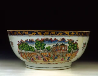 Een famille rose "Londen" punchkom, met een uitzicht op de Grand Walk, Vauxhall Gardens, c.1750-1800