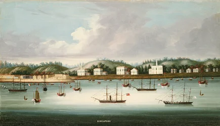 Een uitzicht op Singapore vanaf de wegen met Amerikaanse, Franse en Britse schepen, ca. 1850