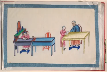 Album, eind 19e eeuw (album van twaalf bladen; inkt en kleur op pith papier, gebonden in rood damast)