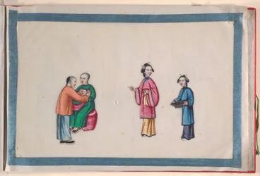 Album, eind 19e eeuw (album van twaalf bladen; inkt en kleur op pith papier, gebonden in rood damast)
